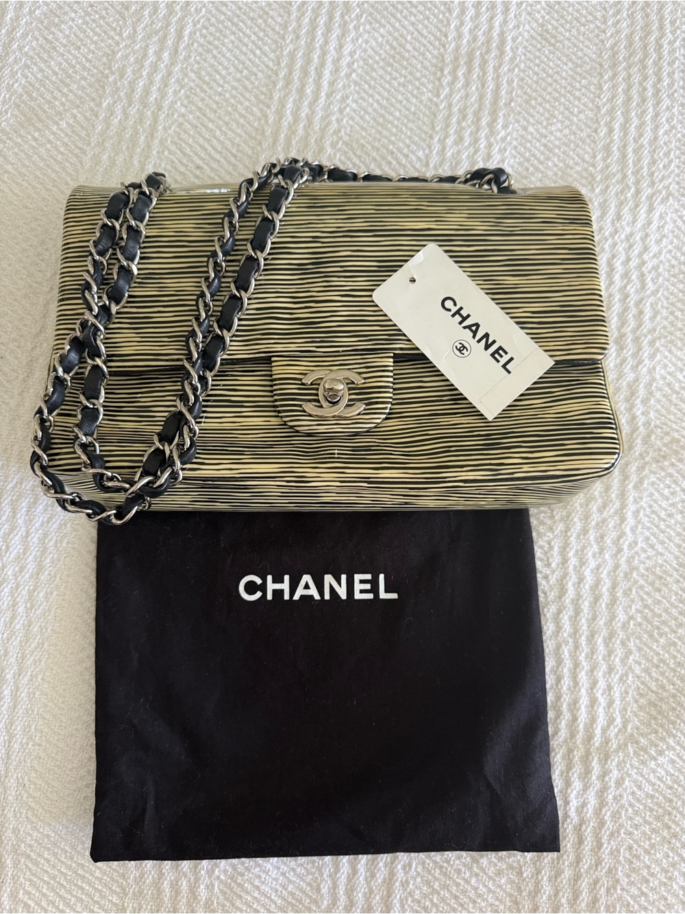 CHANEL Black & Ivory Striped Patent Leather Shoulder Bag.